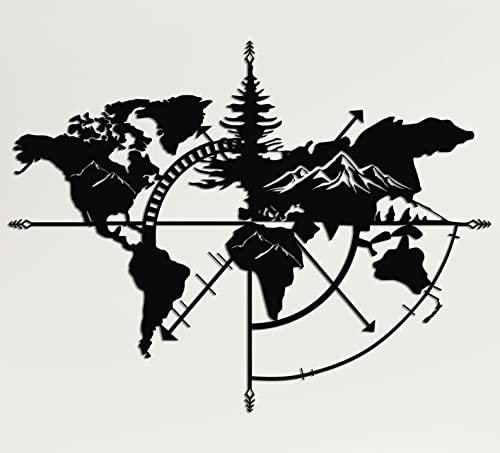 DEKADRON Metall Weltkarte Wandkunst Weltkarte Berge, Wand-Silhouette Metall Wanddekoration Büro Dekor Schlafzimmer Wohnzimmer Dekoration (Schwarz, 98 * 75 cm) von DEKADRON