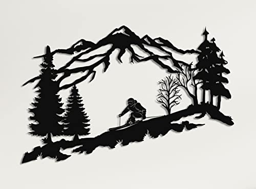 Dekadron Wandkunst Skifahrer, Metall, Wandkunst, Berge und Bäume, Wanddekoration aus Metall, Geschenk für Skiliebhaber (117 x 75 cm) von DEKADRON