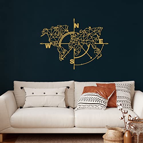 Metall-Wanddekoration, geometrischer Weltkartenkompass, Wohnzimmer-Dekoration, Wandschild, Metall-Wandkunst, Innendekoration, Innen- und Außenbereich, goldfarben, 140 x 104 cm von DEKADRON
