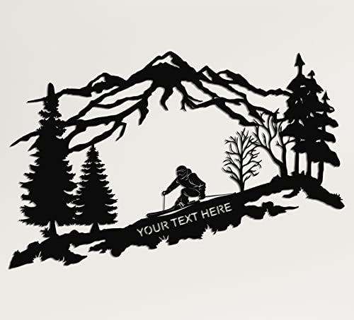 Personalisierte Metall-Skifahrer-Wandkunst, Berge und Bäume, Wandkunst, Metall-Wanddekoration, Ski-Liebhaber-Geschenk, Heimdekoration, individuelle Wandbehänge (117 x 75 cm) von DEKADRON