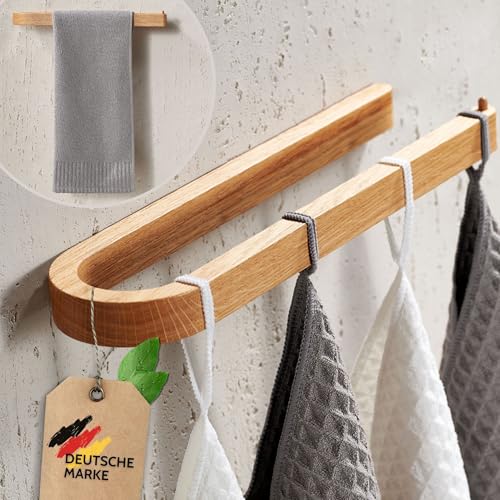 DEKAZIA® Handtuchhalter Holz Wand | Handtuchhalter ohne Bohren Holz | Handtuchstange aus nachhaltigem Eichenholz | Handtuchleiste zum Bohren oder Kleben Handtuchhalter Eiche Küchenrollenhalter von DEKAZIA
