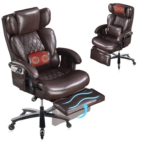 DEKKETO Bürostuhl Ergonomisch mit Fußstütze, Leder Chefsessel mit Massagefunktion, Verstellbare Kopfstütze und Lendenstütze, Rückenlehne, Drehstuhl mit Staufächern, Braun DEKKETO Bürostuhl Ergonomisch mit Fußstütze, Leder Chefsessel mit Massagefunktion, Verstellbare Kopfstütze und Lendenstütze, Rückenlehne, Drehstuhl mit Staufächern, Braun von DEKKETO