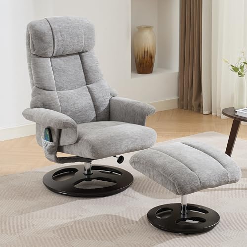 DEKKETO Relaxsessel mit Hocker, Fernsehsessel mit Liegefunktion, 360° Drehstuhl mit Fußhocker aus Holz, TV Sessel Drehbar Modern mit Seitentasche, Chenille, Grey von DEKKETO