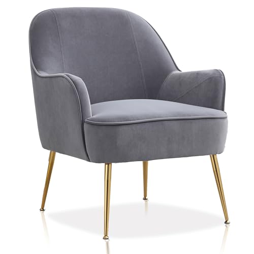 DEKKETO Samt Retro Sessel Gemütlicher Modern Lounge Cocktailsessel mit Armlehne Metallbeinen für Schlafzimmer Wohnzimmer, Grau von DEKKETO