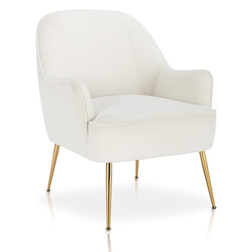 DEKKETO Samt Retro Sessel Gemütlicher Modern Lounge Cocktailsessel mit Armlehne Metallbeinen für Schlafzimmer Wohnzimmer, Weiß von DEKKETO