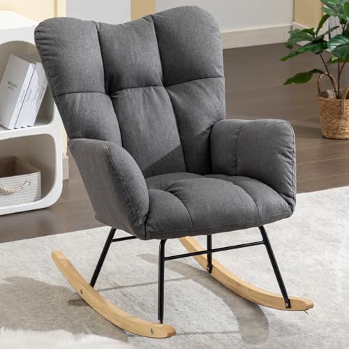 DEKKETO Schaukelstühle Leinen, Gemütlicher Stillsessel, Relaxstuhl Schaukelsessel Holz für Wohnzimmer Schlafzimmer, Bequeme Lesesessel für Kinderzimmer, Gray von DEKKETO