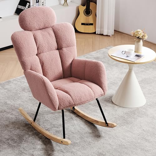 DEKKETO Stillstuhl Schaukelstuhl mit Kopfstütze, Teddy Schaukelsessel für Wohnzimmer, Bequemer Lesesessel aus Holz, Rosa von DEKKETO