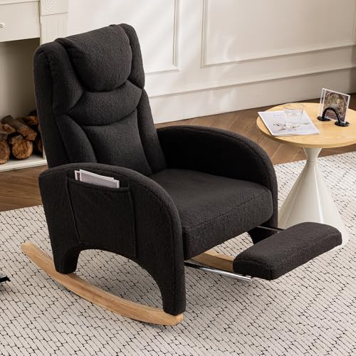 DEKKETO Teddy Schaukelstuhl mit Kopfstütze und Fußstütze, Schaukelsessel mit Hocker, Großer Stillstuhl mit Seitentasche, Relax Stillsessel Wohnzimmer, Dunkelgrau von DEKKETO