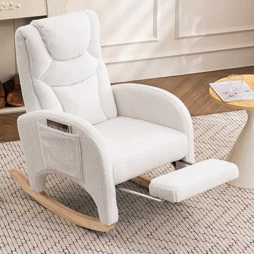 DEKKETO Teddy Schaukelstuhl mit Kopfstütze und Fußstütze, Schaukelsessel mit Hocker, Großer Stillstuhl mit Seitentasche, Relax Stillsessel Wohnzimmer, Weiß von DEKKETO