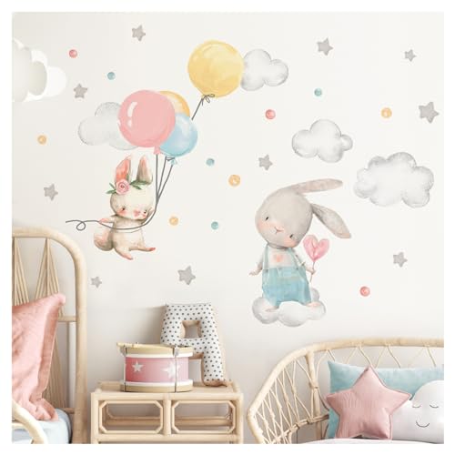 DEKO KINDERZIMMER Wandsticker Hasen mit Luftballons Kinderzimmer Wandtattoo Wandaufkleber Wolken Sterne Babyzimmer Wanddeko DK1064-2 von DEKO KINDERZIMMER