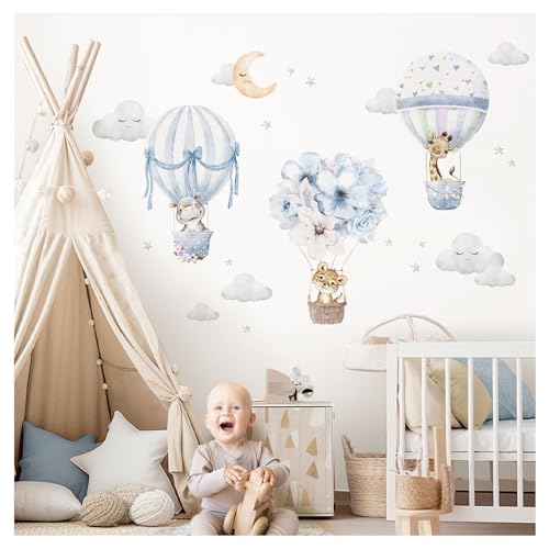 DEKO KINDERZIMMER Wandsticker Safaritiere im Heißluftballon Kinderzimmer Wandtattoo Giraffe Löwe Wandaufkleber Wolken Sterne Babyzimmer Wanddeko DK1059-1 von DEKO KINDERZIMMER