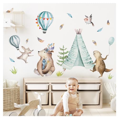 DEKO KINDERZIMMER Wandsticker Waldtiere mit Heißluftballons Kinderzimmer Wandtattoo Wandaufkleber Bär Tipi Babyzimmer Wanddeko DK1068-2 von DEKO KINDERZIMMER