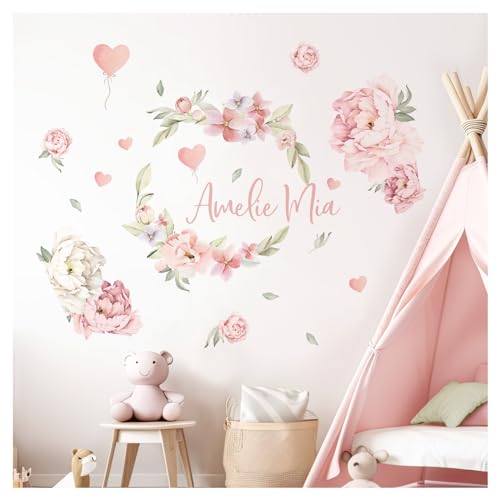 DEKO KINDERZIMMER Wandtattoo Blumenranke personalisiert Wandsticker Pfingstrosen mit Name Wandaufkleber Babyzimmer Mädchen Wunschname Kinderzimmer DK1142-03 von DEKO KINDERZIMMER