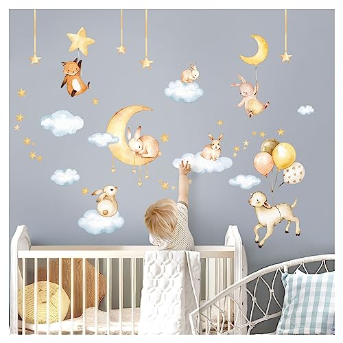 DEKO KINDERZIMMER Wandtattoo Tiere Mond Wandsticker Schaf Hase Wolken Kinderzimmer Wandaufkleber Babyzimmer Wanddeko DK1100-4 von DEKO KINDERZIMMER