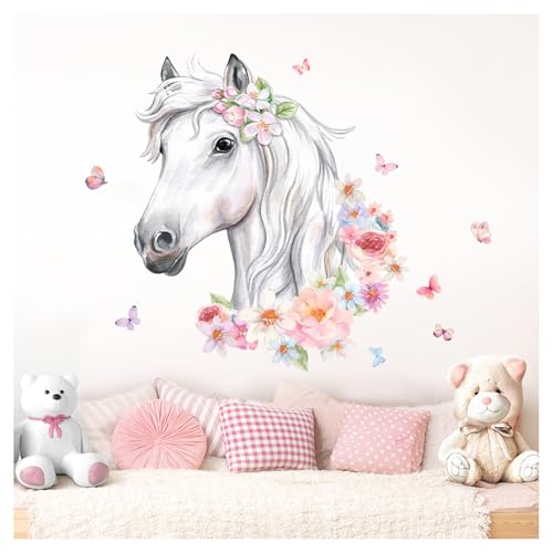 Deko Kinderzimmer Wandsticker Pferdekopf mit Blumen Wandtattoo Schmetterlinge Mädchen Babyzimmer Wandaufkleber Tiere Wanddeko DK1046-4 von DEKO KINDERZIMMER