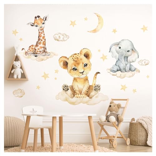 Deko Kinderzimmer Wandsticker Safari Tiere mit Wolken Kinderzimmer Wandtattoo Dschungel Löwe Elefant Wandaufkleber Babyzimmer Deko DK1029-1 von DEKO KINDERZIMMER