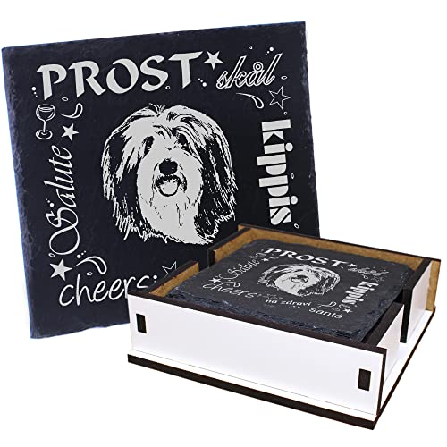 5X Schiefer Untersetzer - Prost Bearded Collie - inkl. Holzbox & Flaschenuntersetzer Deko Glasuntersetzer Tassenuntersetzer von DEKO-LANDO