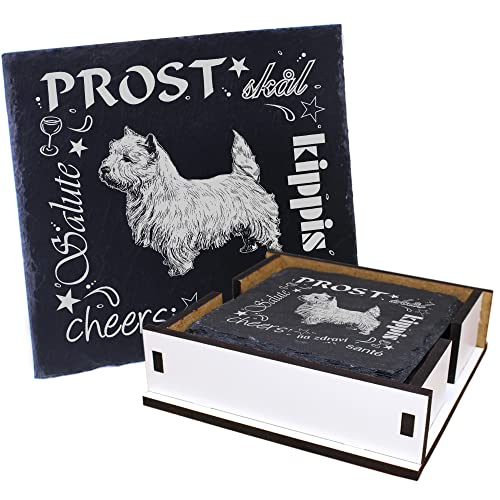 5X Schiefer Untersetzer - Prost West Highland White Terrier - inkl. Holzbox & Flaschenuntersetzer Deko Glasuntersetzer Tassenuntersetzer von DEKO-LANDO