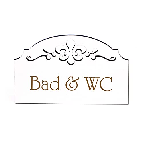 Bad & WC Türschild Schild Holz graviert Ornamente selbstklebend Toilettenschild Türdeko 15,5 x 9,5 cm von DEKO-LANDO