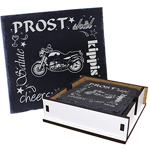 DEKO-LANDO 5X Schiefer Untersetzer - Prost Motorrad inkl. Holzbox & Flaschenuntersetzer Deko Glasuntersetzer Tassenuntersetzer, Schwarz von DEKO-LANDO