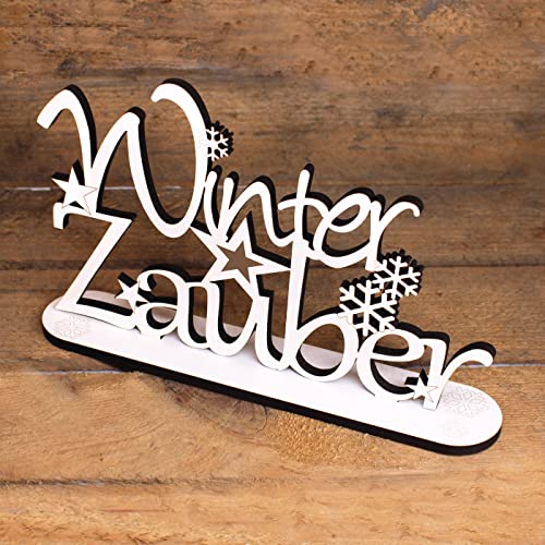 DEKO-LANDO Winter Deko Schriftzug - Winterzauber - Aufsteller aus Holz weiß mit Schneeflocken & Sternen Weihnachtsdeko 21 x 13 cm von DEKO-LANDO