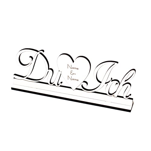 Dekoaufsteller Schriftzug - Du & Ich - Aufsteller aus Holz weiß mit Herz und Name Braut Bräutigam 24 x 10 cm von DEKO-LANDO