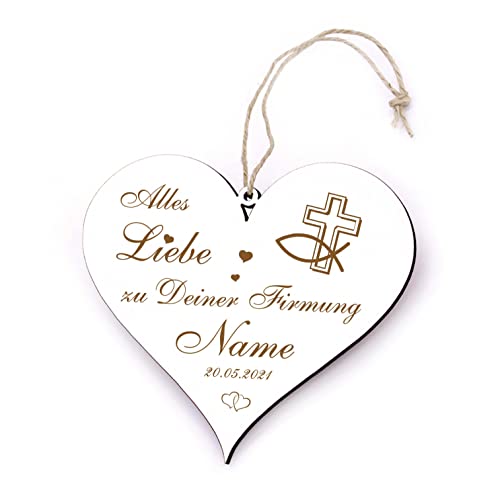 DEKO-LANDO Firmung Schild Herz graviert - Alles Liebe zu Deiner Firmung - Holz Deko Geschenk mit Namen + Datum 13 x 12 x 0,5 cm, weiß von DEKO-LANDO