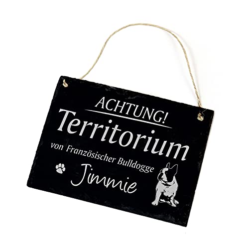 Französische Bulldogge Schild Wunschname graviert - Achtung ! Territorium von Schiefer Warnschild Hund Türschild 22x16cm | Dekolando von DEKO-LANDO