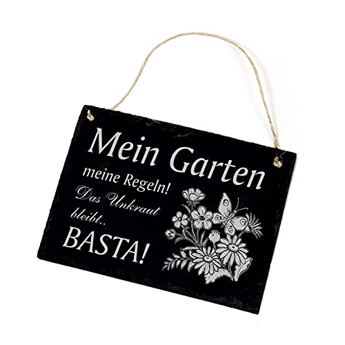 Schild Gartenschild Spruch - Mein Garten meine Regeln, das Unkraut bleibt ! Geschenk Gärtner Schiefer Dekoschild 22 x 16 cm von DEKO-LANDO