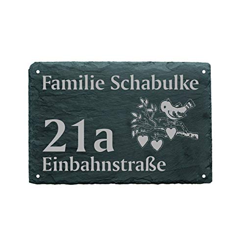 Hausnummer Türschild Vogel mit Herzen - Name + Straße (optional) - 22 x 16 cm von DEKO-LANDO
