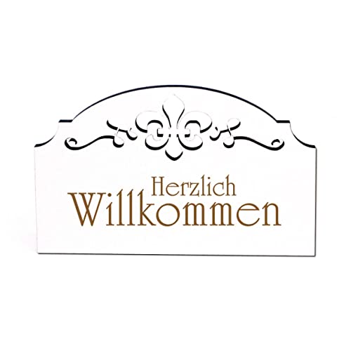 Herzlich Willkommen Schild Holz selbstklebend Ornamente Türschild weiß Vintage Eingangstür Deko 15,5 x 9,5 cm von DEKO-LANDO