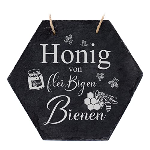 Imker Schild aus Schiefer Bienen Deko - Honig von fleißigen Bienen - Bienenwabe Türschild 18 x 16 cm | Dekolando von DEKO-LANDO