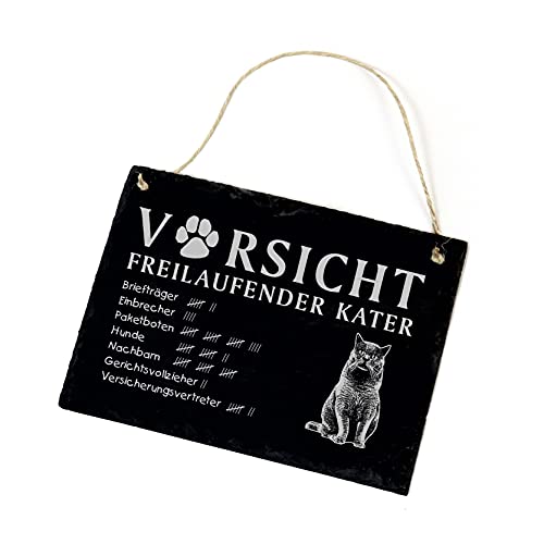 Katze Schild Schiefer graviert - Vorsicht Freilaufender Kater - Warnschild Geschenk 22 x 16 cm von DEKO-LANDO