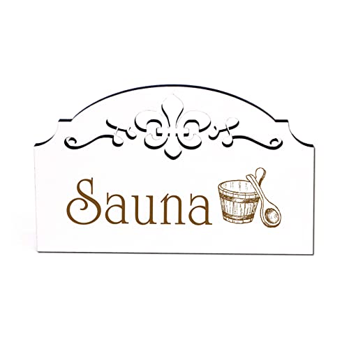 DEKO-LANDO Sauna Schild Holz graviert Ornamente selbstklebend Türschild Saunieren Türdeko 15,5 x 9,5 cm, Weiß von DEKO-LANDO