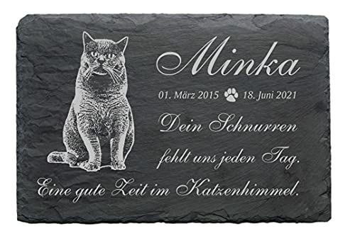 Schiefer BRITISCH KURZHAAR Katze Tiergrabstein Gedenktafel mit Laser-Gravur wetterfest personalisiert - Wunschname Datum 22 x 16 cm | Dekolando Home Accessoires von DEKO-LANDO