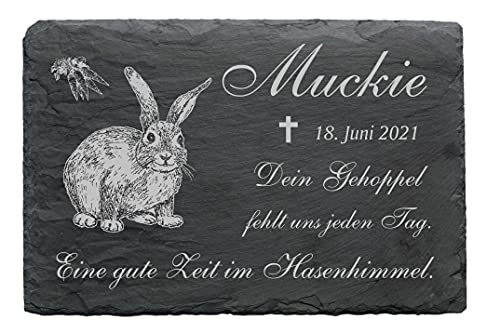 DEKO-LANDO Schiefer HASE Hasen Tiergrabstein Gedenktafel Grabstein wetterfest mit Wunschgravur Name Datum 22 x 16 cm | Dekolando Home Accessoires von DEKO-LANDO