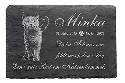 Schiefer KARTÄUSER Katze Tiergrabstein Gedenktafel mit Laser-Gravur wetterfest personalisiert - Wunschname Datum 22 x 16 cm | Dekolando Home Accessoires von DEKO-LANDO