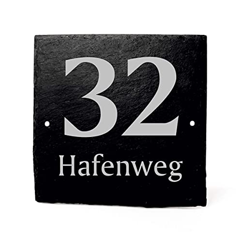 Hausnummernschild Hausnummer Schiefer mit Gravur - Ihre Hausnummer & Straßenname | Türschild 11x11cm | Dekolando von DEKO-LANDO