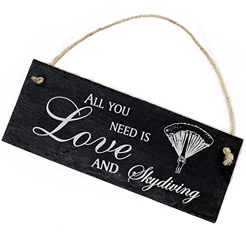 Schiefertafel Deko Fallschirm Schild 22 x 8 cm - All you need is Love and Skydiving - Wanddeko Dekoration Türschild von DEKO-LANDO