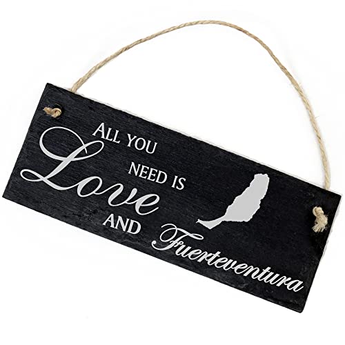 Schiefertafel Deko Insel Fuerteventura Schild 22 x 8 cm - All you need is Love and Fuerteventura - Wanddeko Dekoration Türschild von DEKO-LANDO