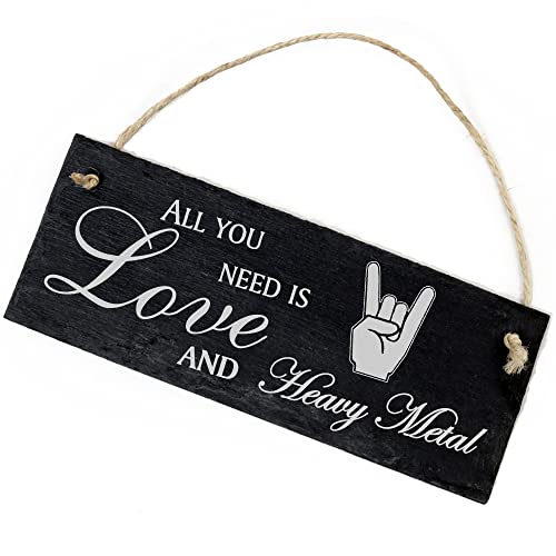 Schiefertafel Deko Pommesgabel Schild 22 x 8 cm - All you need is Love and Heavy Metal - Wanddeko Dekoration Türschild von DEKO-LANDO