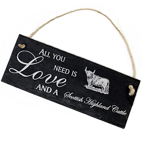 Schiefertafel Deko Schottisches Hochlandrind Schild 22 x 8 cm - All you need is Love and a Scottish Highland Cattle - Wanddeko Dekoration Türschild von DEKO-LANDO