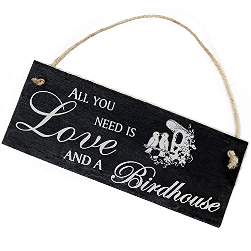 Schiefertafel Deko Vogelhaus mit Vögeln Schild 22 x 8 cm - All you need is Love and a Birdhouse - Wanddeko Dekoration Türschild von DEKO-LANDO