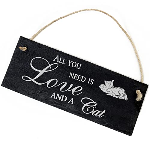 Schiefertafel Deko niedliche Katze auf Kissen Schild 22 x 8 cm - All you need is Love and a Cat - Wanddeko Dekoration Türschild von DEKO-LANDO