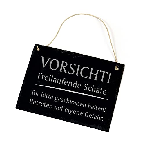 Schiefertafel Schild - Vorsicht! Freilaufende Schafe - Schiefer Warnschild 22x16cm von DEKO-LANDO