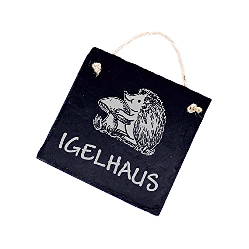 DEKO-LANDO Igel Schild Schiefer graviert - Igelhaus -Schiefertafel Gartenschild 11 x 11 cm, Grau von DEKO-LANDO