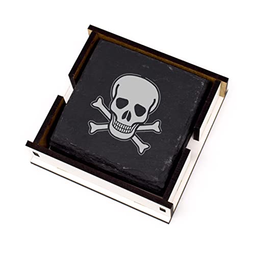 Totenkopf Piraten Deko Untersetzer Gläser Schiefer mit Box 4 Stück ca. 11x11cm Totenschädel Schiefer Getränkeuntersetzer von DEKO-LANDO