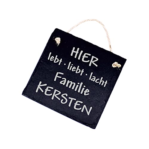 Türschild Namensschild Schiefer graviert - Hier lebt liebt lacht Familie Wunschname - Klingelschild Schild 11x11cm | Dekolando von DEKO-LANDO