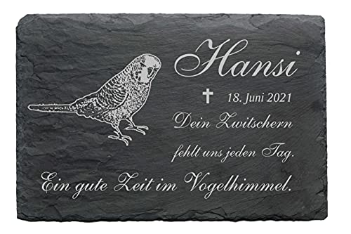 Wellensittich Schiefer Tiergrabstein Gedenktafel - mit Wunschgravur Name Datum 22 x 16 cm von DEKO-LANDO