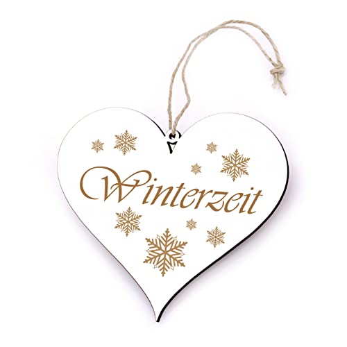 Winter Deko Schild Herz - Winterzeit - Holz Türschild Weihnachtsdeko Schneeflocken 13 x 12 cm von DEKO-LANDO